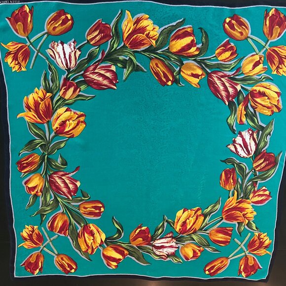 Ellen Tracy Silk Scarf Green Teal with Yellow Red Tulips 35" Bright Colors - Picture 1 of 13